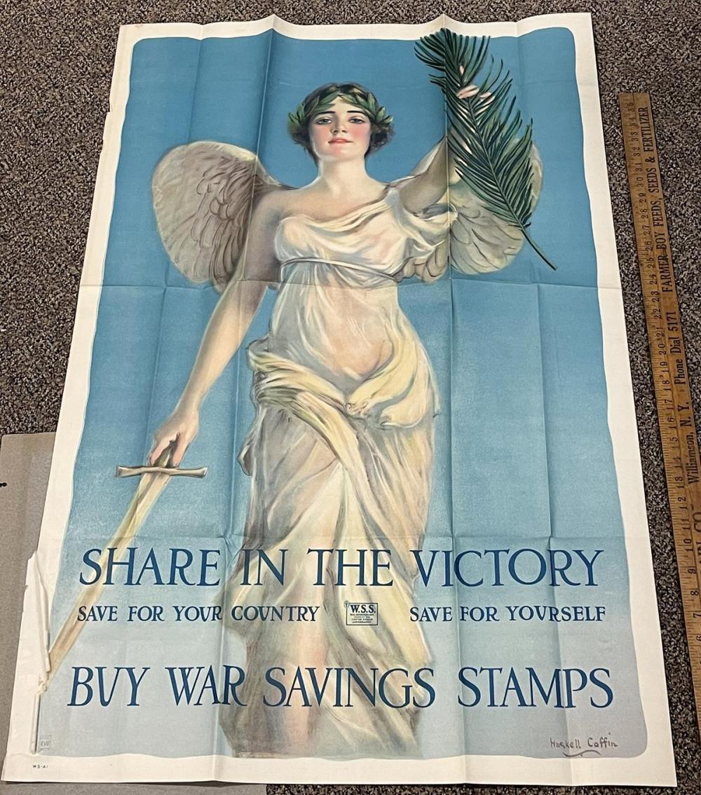 Antique 1918 Original WWII Share In The Victory : Save For Your Country, Save For Yourself : Buy War Saving Stamps Poster by Haskell Coffin sold by One Source Auctions, lot 144 — auction record photograph
