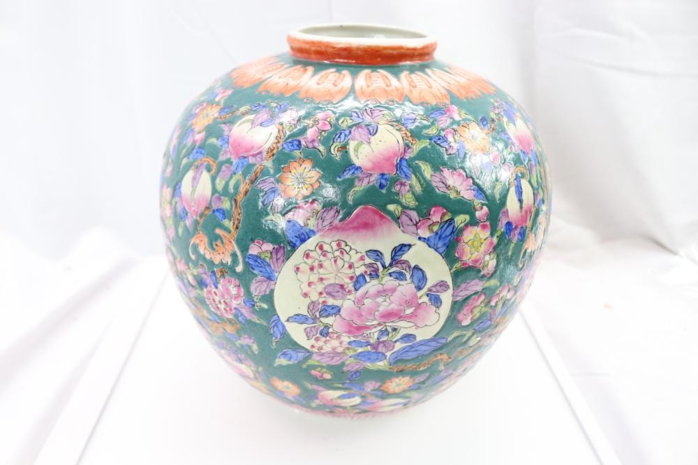 Chinese Famille Rose & Peach Hand Painted Porcelain Ginger Jar, Signed sold by Denise Ryan Auction Co., lot 223 — auction record photograph
