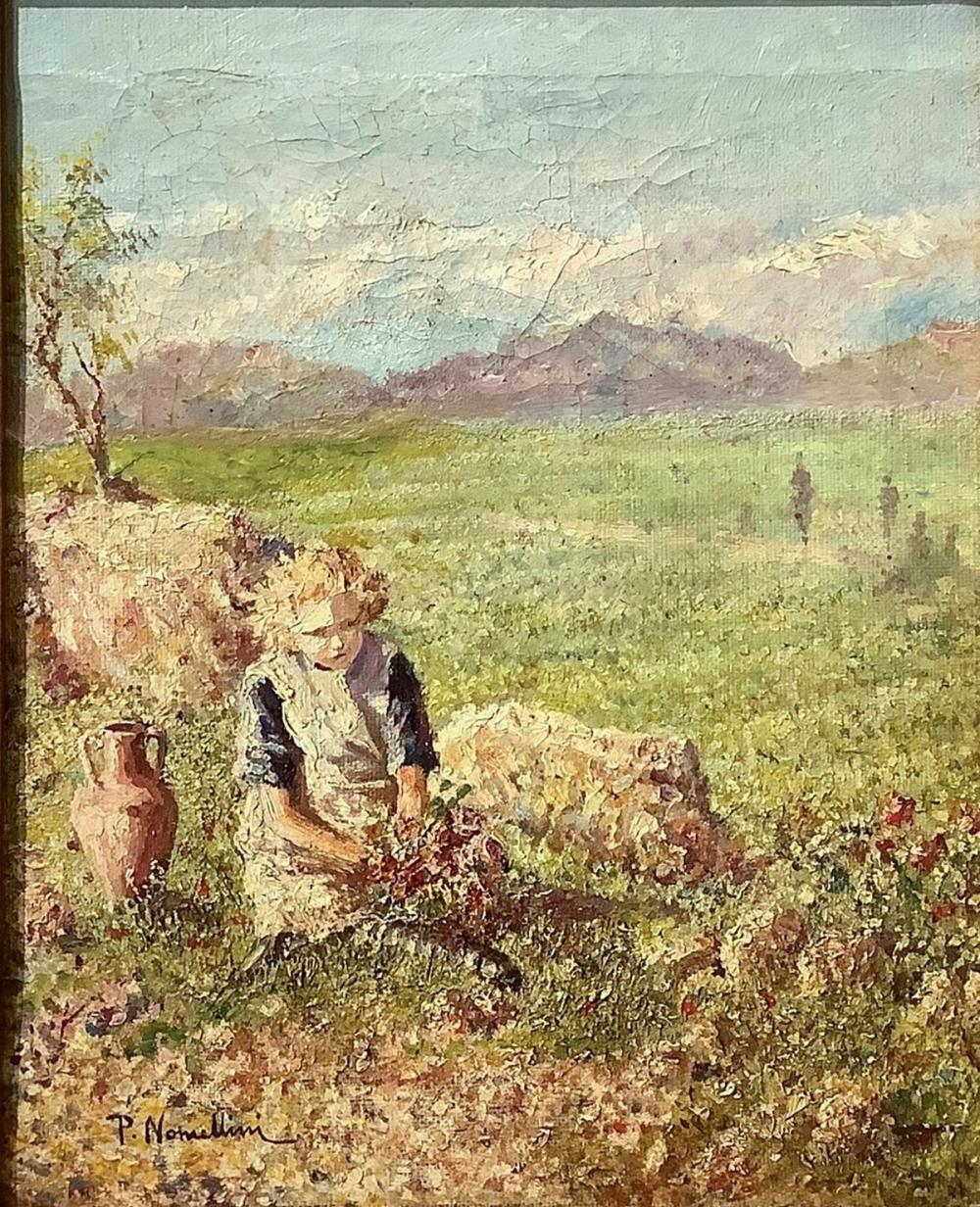 Plinio Nomellini (Livorno 6 agosto 1866-Firenze 8 agosto 1943) - Painting depicting "Landscape with the figure of a girl", Late 19th century sold by ArtLaRosa, lot 90 — auction record photograph