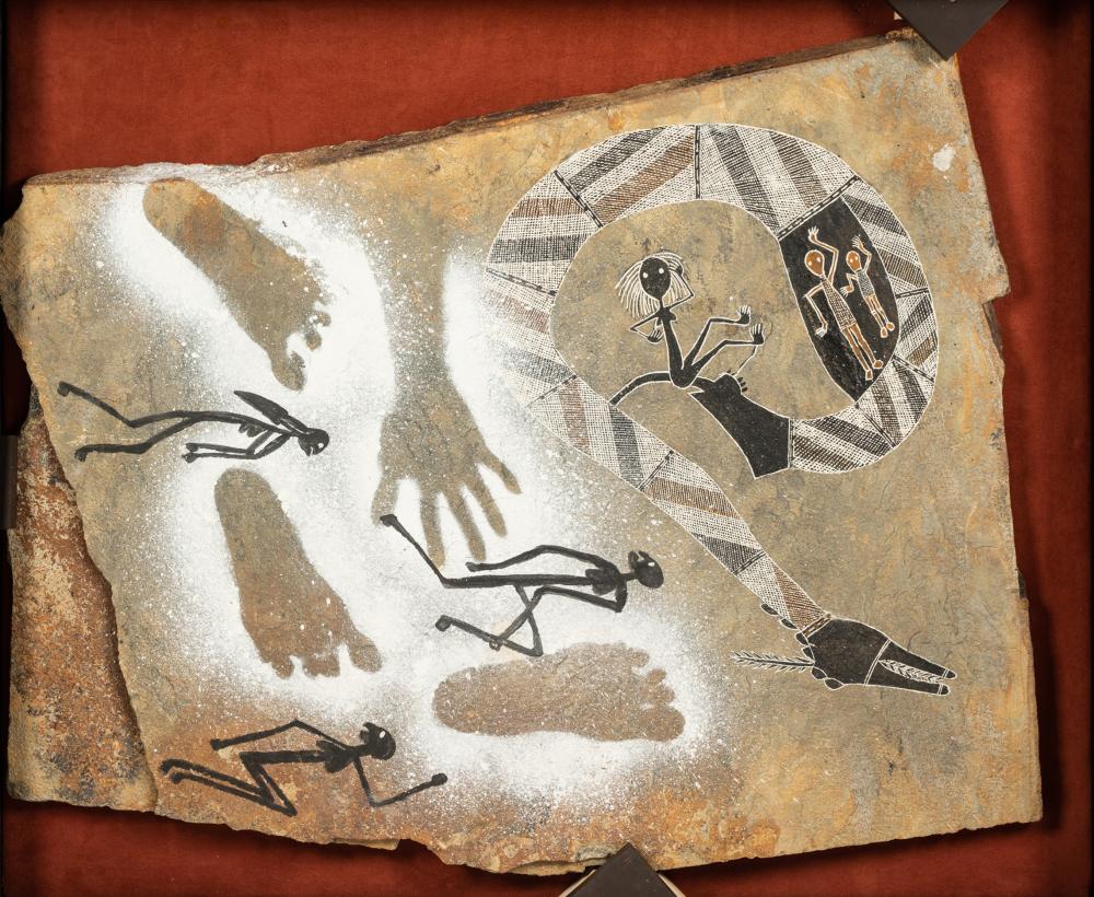 Bobby Barrdjaray Nganjmira comparable auction result: bobby barrdjaray nganjmira 1915 1992 rainbow serpent ngalyod natural earth pigments on bluestone 32 1 4 x 40 1 2 in 81 92 x 102 87 cm