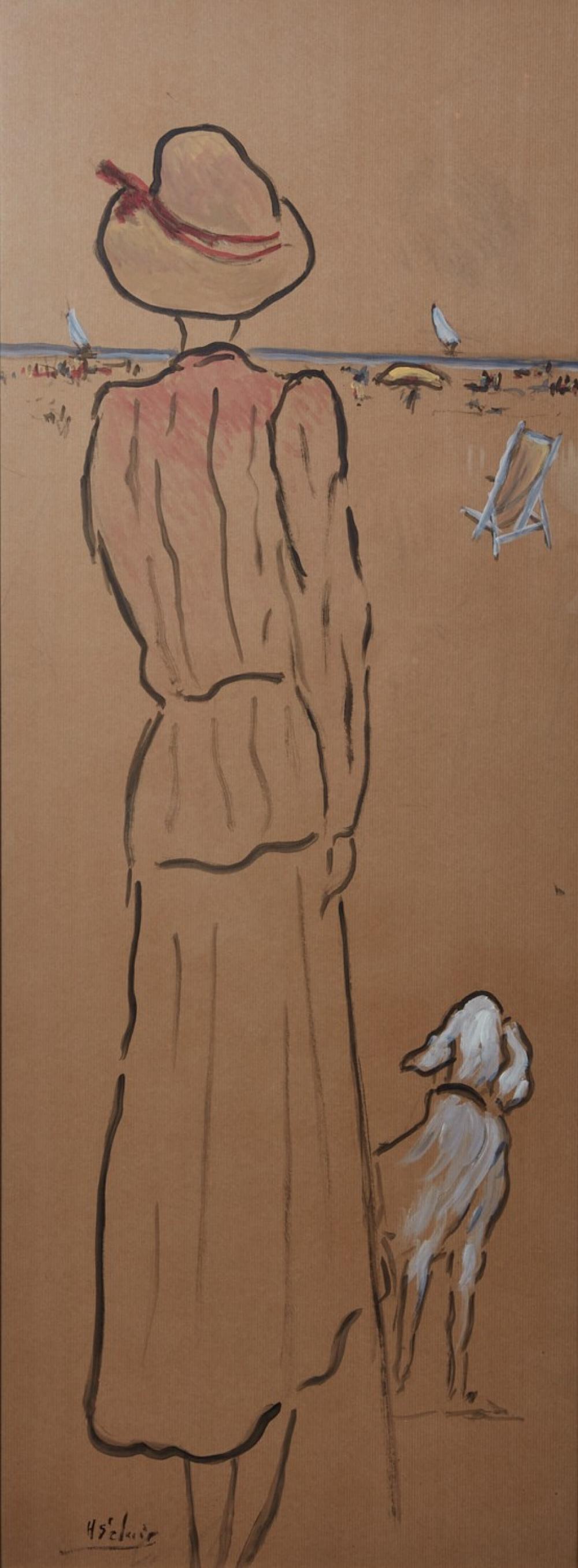 Henry S. Clair comparable auction result: henry saint clair french 1899 1990 lady and her dog at the beach mixed media on paper 46 1 2 x 17 1 4in 118 x 44cm