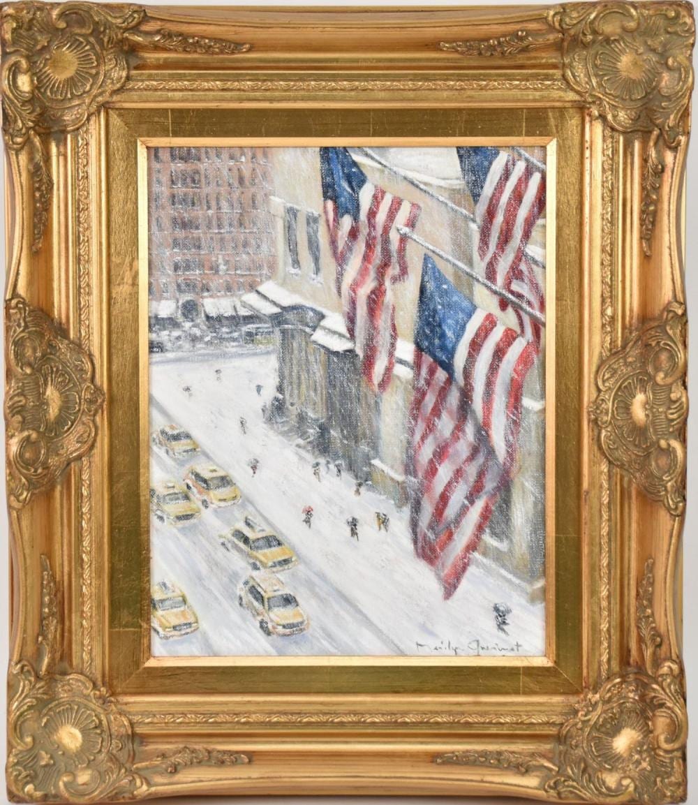 Marilyn Guerinot comparable auction result: marilyn guerinot american b 1947 original painting flags in winter oil on canvas signed l r 14 x 11 inches overall framed size 21 x 17 1 2 inches