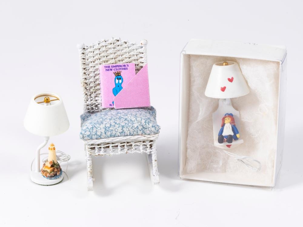 CHILDREN'S LAMPS & HANDMADE WICKER ROCKING CHAIR & PRINTED BOOK sold by Karen's Dollhouse Shop, lot 68 — auction record photograph