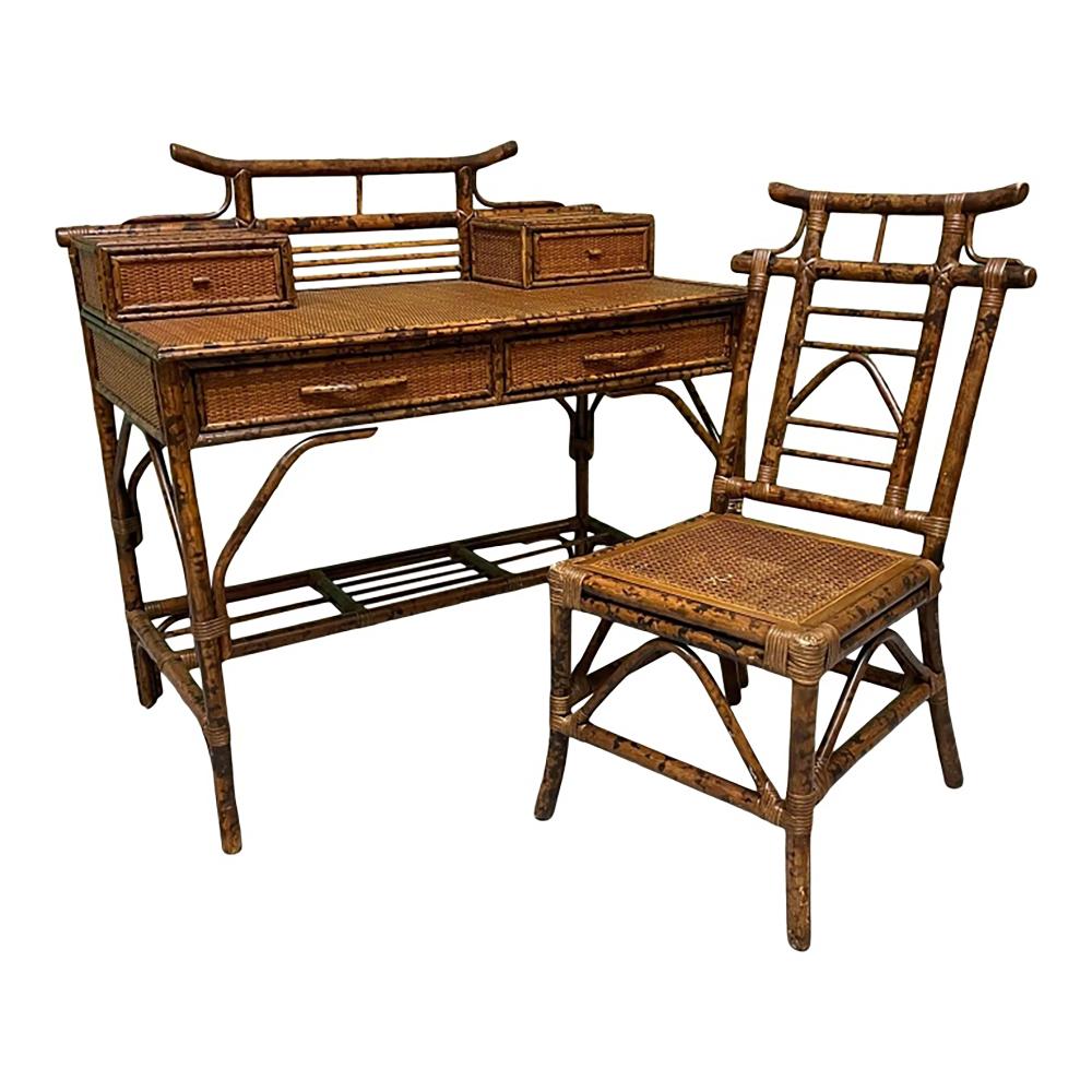 Vintage Chinoiserie Bamboo Wicker Desk & Chair sold by Joshua Kodner, lot 223 — auction record photograph