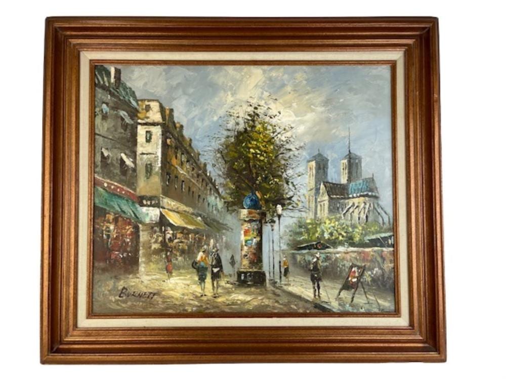 Burnett Oil on canvas of a Parisian street scene with Notre Dame to the side. SIgned "Burnett" (Caroline Barnett, American:1877-1950). sold by Antique Place, lot 78A — auction record photograph