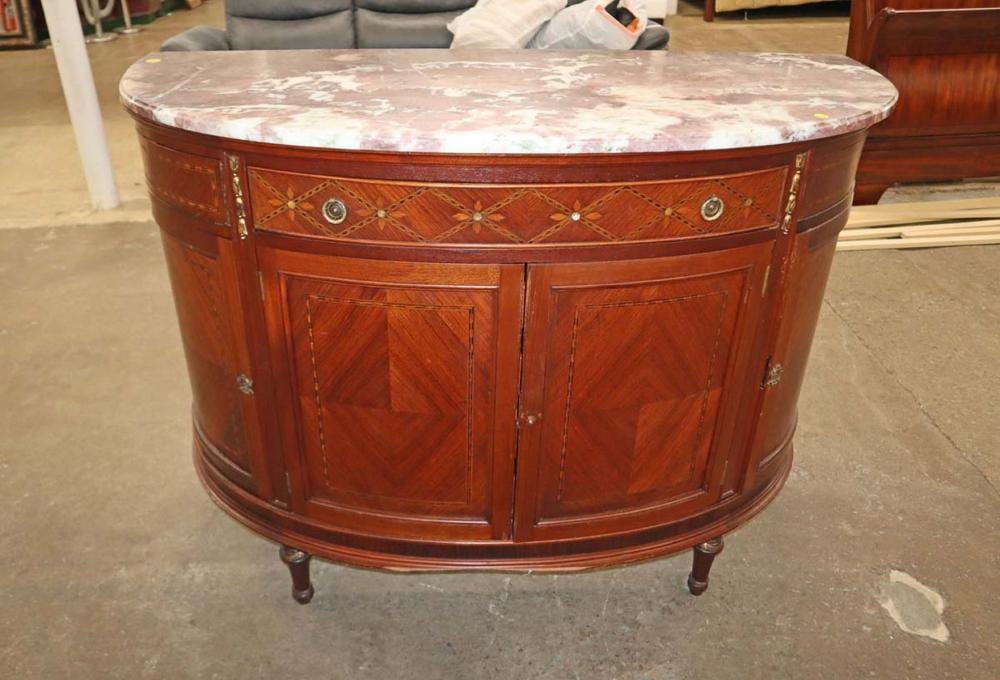 Semi antique French style inlaid walnut marble top commode with fitted interior drawers and secret swinging drawers, hidden unlocking mechanism approx. 52" w x 23" d x 38" h sold by South Jersey Auction by Babington Auction Inc., lot 555 — auction record photograph