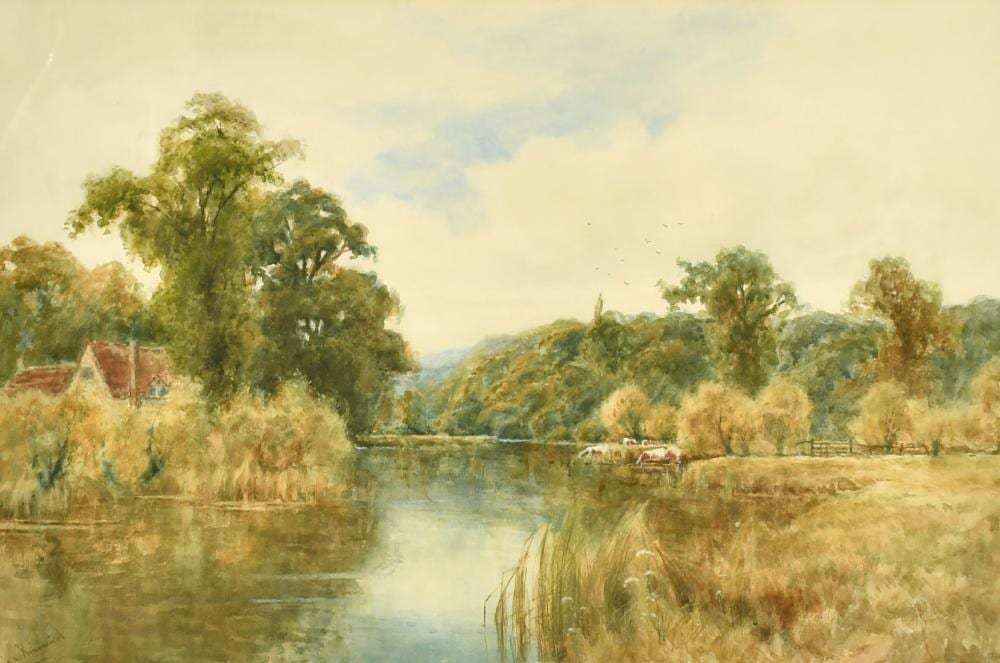 wiggs kinnaird 1870 1930 british an extensive river landscape with a house and cattle at the water s edge · John Nicholson's Fine Art Auctioneers & Valuers · 2022-08-03 Wiggs Kinnaird comparable auction result: wiggs kinnaird 1870 1930 british an extensive river landscape with a house and cattle at the water s edge