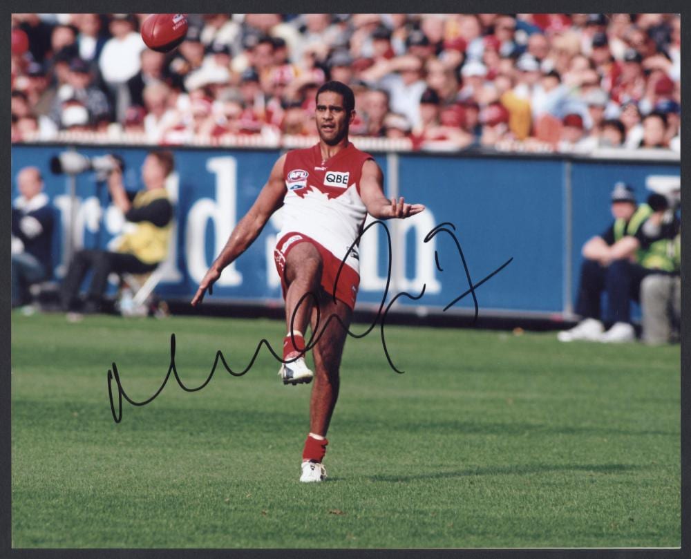 SIGNED PLAYER PHOTOS: for WEST COAST EAGLES (7, all 16x10cm) including Matthew Priddis & Nic Naitanui: SYDNEY SWANS (5)  including Adam Goodes (20x30cm), Paul Roos & Michael O'Loughlin; PORT ADELAIDE (2) including Gavin Wanganeen,; various sizes, up sold by Leski Auctions Pty Ltd, lot 465 — auction record photograph