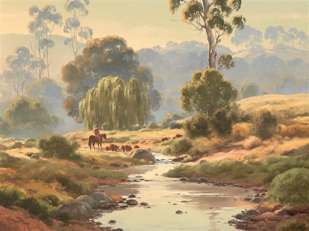 Melvin Duffy comparable auction result: melvin duffy 1930 droving across the kindee creek 1990 oil on canvas board 45 x 60 cm frame 66 x 81 x 5 cm signed and dated