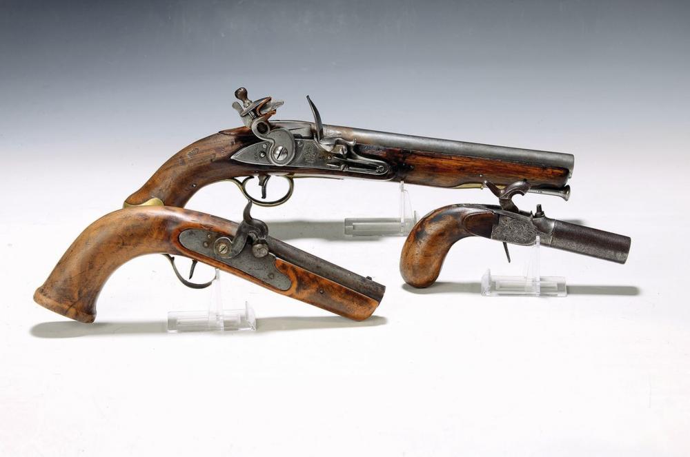 Auction comp thumbnail for Flintlock pistol and two percussion pistols, England and (Henry's Auktionshaus, Lot 5414)