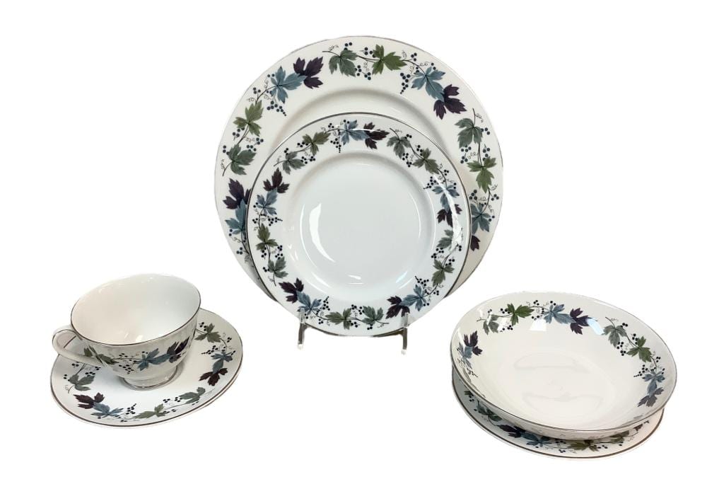 Royal Doulton Burgundy china dish set 66 pieces in total, gravy boat chipped. ***No in-house shipping*** sold by Apple Tree Auction Center, lot 2007 — auction record photograph