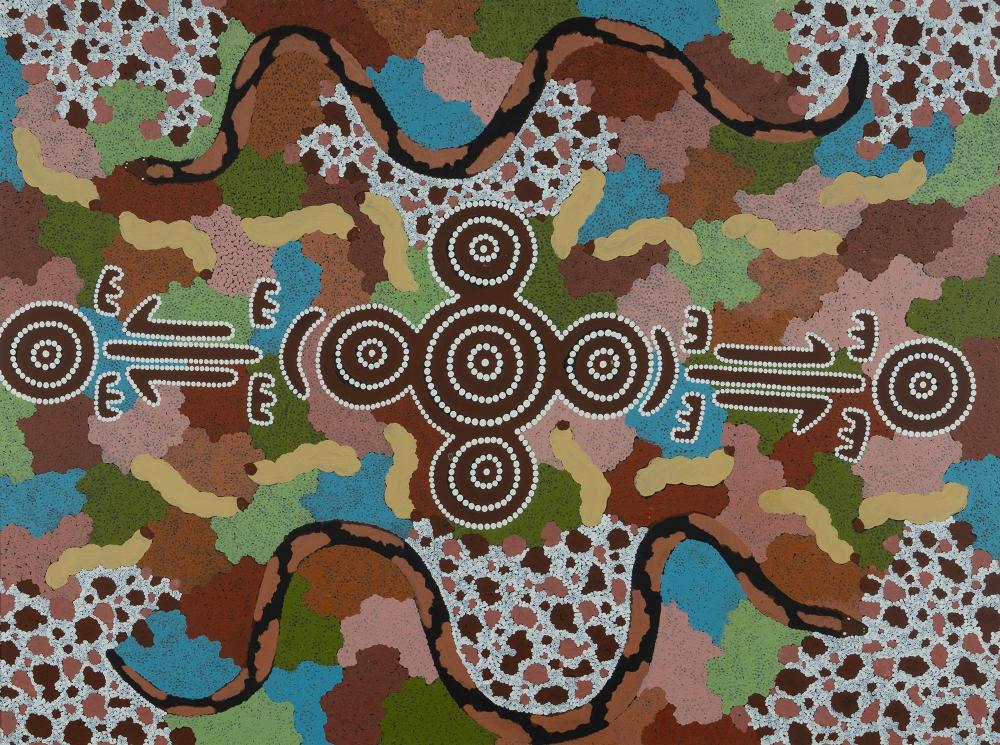 Tjakamarra Michael Nelson comparable auction result: tjakamarra michael nelson aboriginal 1945 2020 snake witchetty grub c 1990 acrylic on linen 89 5x120cm