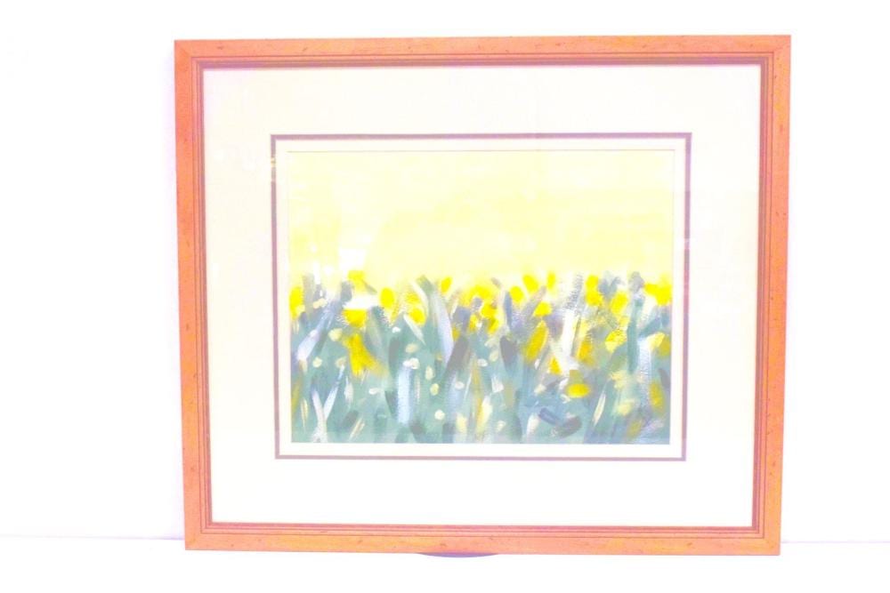 Sharon Gee comparable auction result: sharon gee 1961 2004 a large framed acrylic on canvas entitled meadowlands 34 x 44 cm