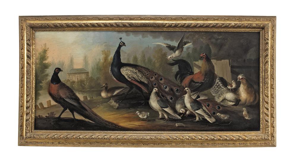 Marmaduke Craddock comparable auction result: marmaduke craddock somerton circa 1660 circa 1716 a peacock cockerel hen and other birds in park land