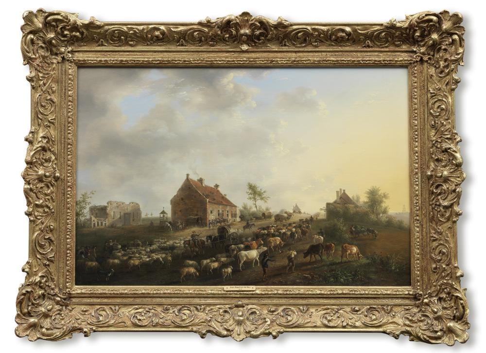 Jean-Baptiste de Roy comparable auction result: jean baptiste de roy brussels 1759 1839 sheep and cattle being led to market at sunrise and a cattle market in a small town 2