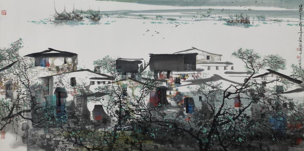 Maoshan Liu comparable auction result: liu maoshan b 1942 water village in spring scroll mounted and framed i