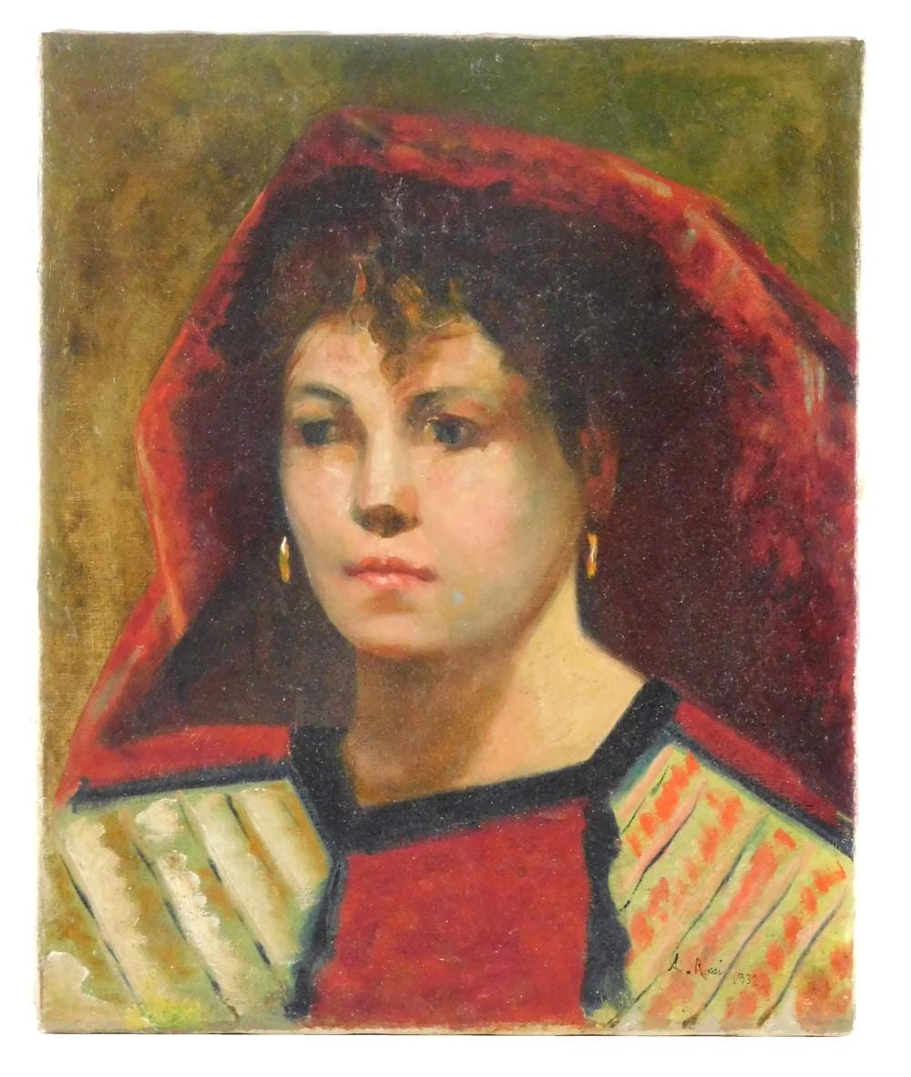 Alberto Rossi comparable auction result: alberto rossi italian 1858 1936 oil on canvas 1932 portrait of a young lady with red veil gold hoop earrings signed and dat