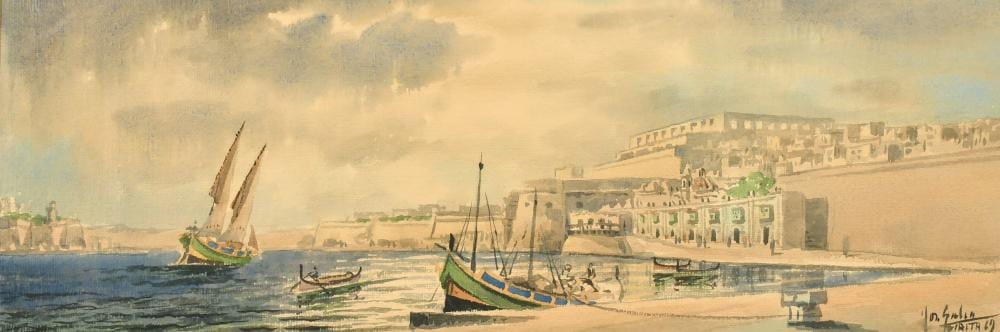 Joseph Galea comparable auction result: joseph galea 1904 1985 maltese a view of valletta malta grand harbour watercolour signed and dated 69