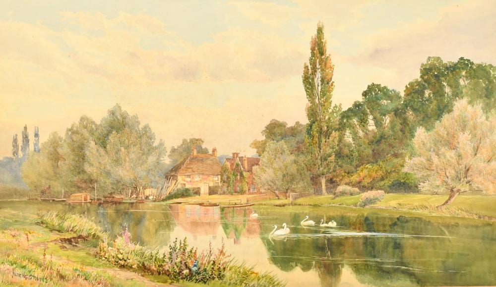 Albert George Stevens comparable auction result: albert george stevens 1863 1927 british swans gathered mid river with a cottage beyond watercolour signed