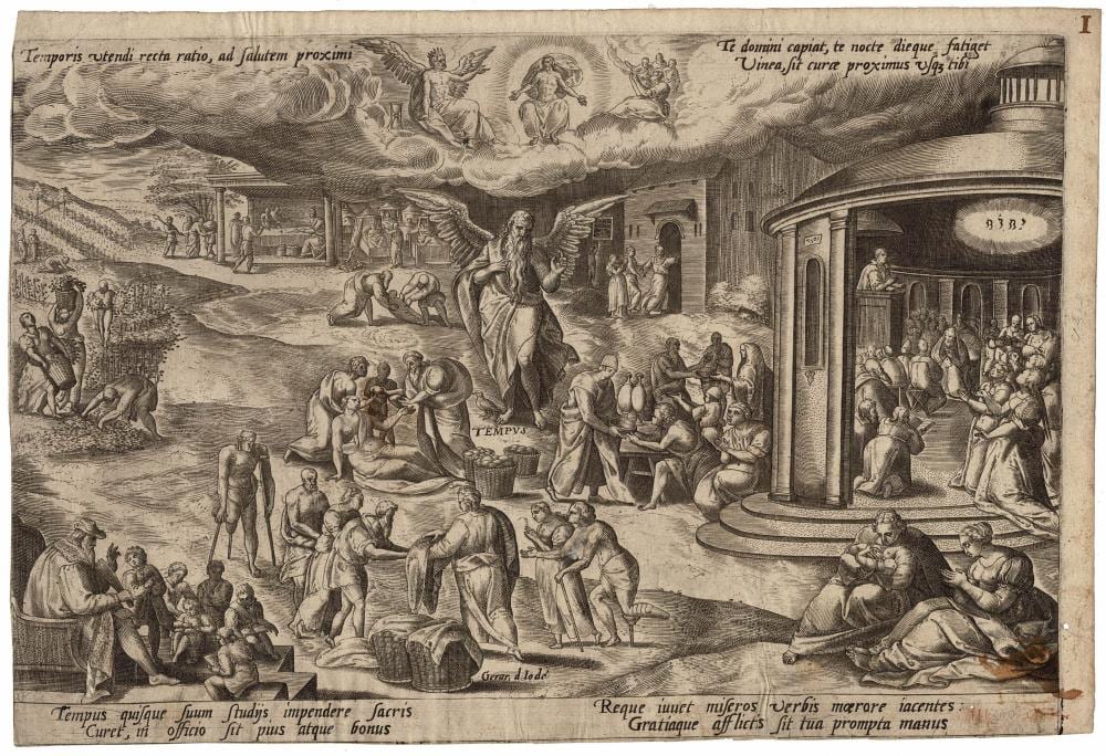 Gerard de Jode comparable auction result: gerard de jode father time amid scenes of works of mercy and christian virtues