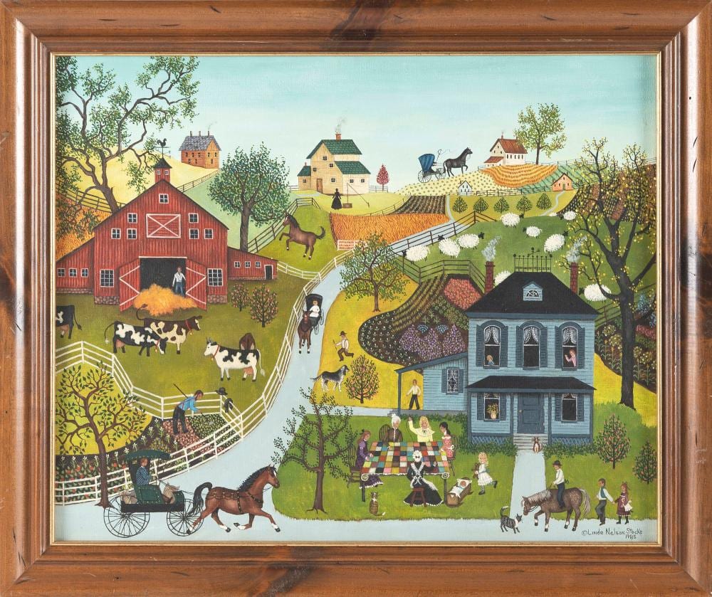 LINDA NELSON STOCKS (America, 1938-2011), Quilting party., Oil on canvas, 16" x 20". Framed 19" x 22". sold by Eldred's, lot 8440 — auction record photograph