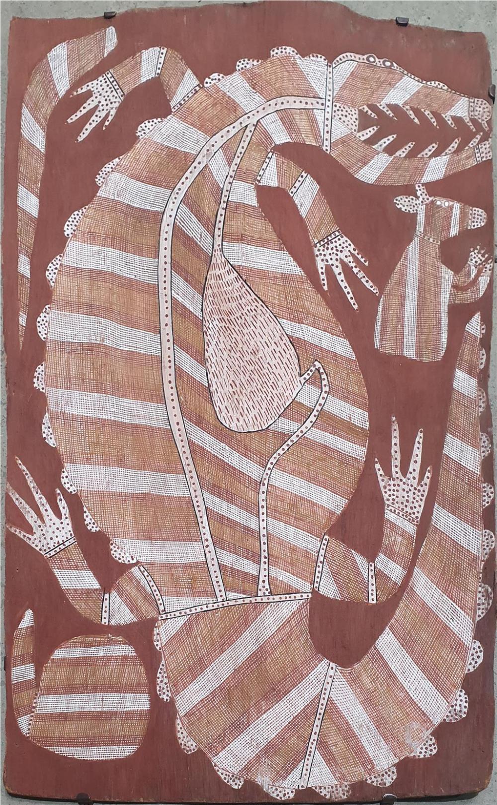 Mick Kubarkku comparable auction result: mick kubarkku australian aboriginal 1922 2008 namangnwara saltwater crocodile and gonpbolo wallaby natural earth pigments on