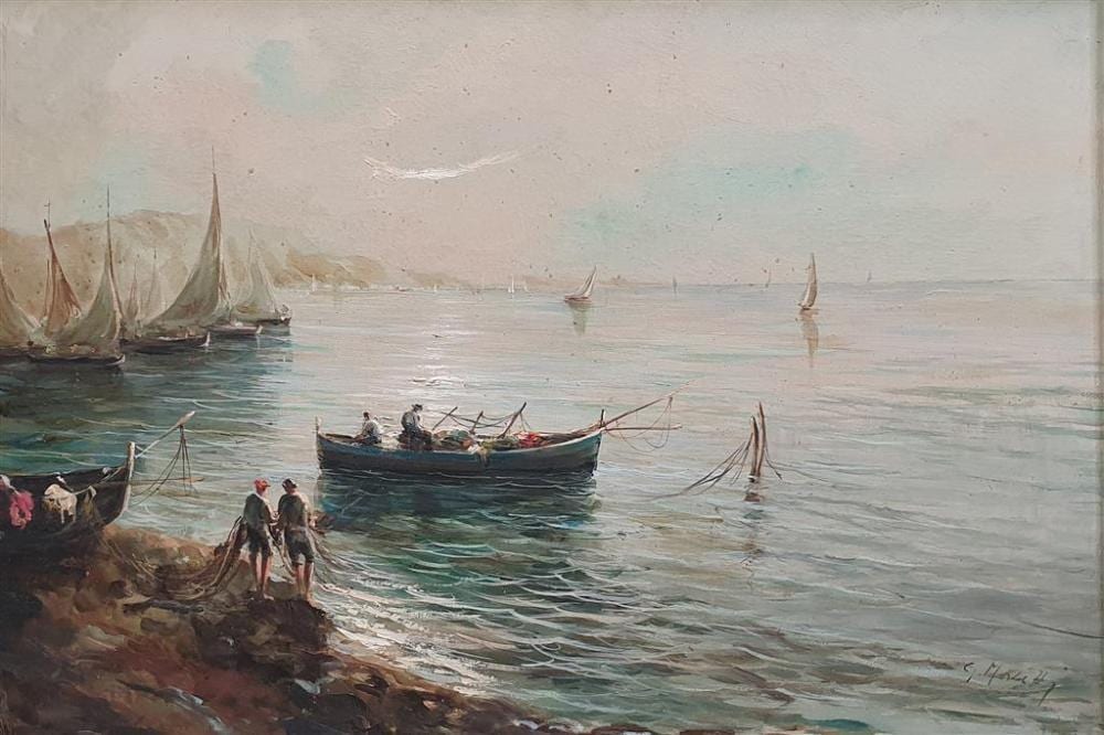Giacomo Moretti comparable auction result: giacomo moretti italian 1939 untitled harbour scene oil on canvas signed lower right 48 x 68 cm framed 68 x 87 cm