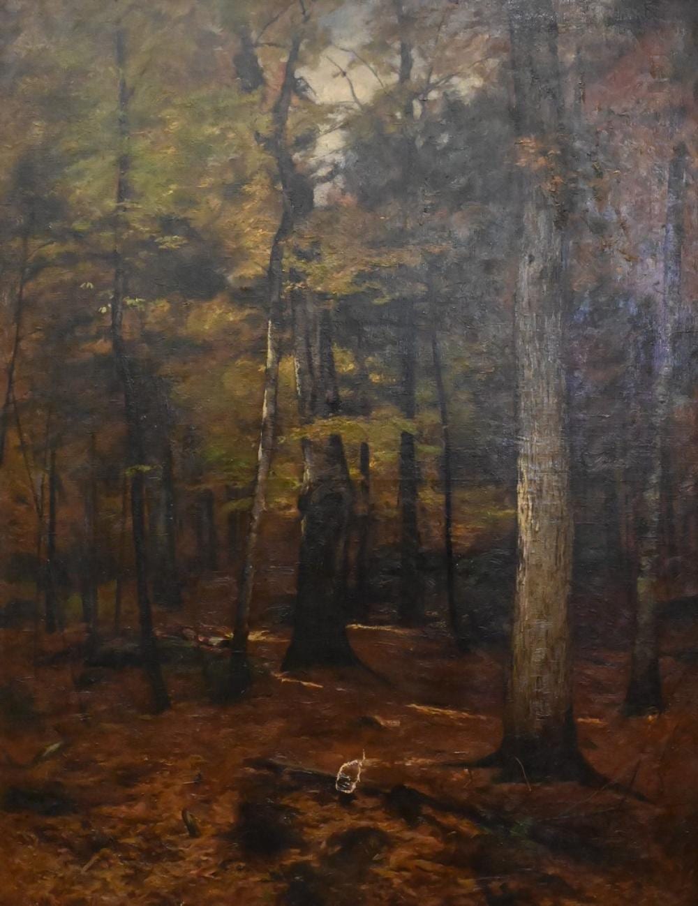 Roswell Morse Shurtleff (American, 1838 - 1915), interior forest scene, oil on canvas, signed lower left, (tear bottom center), 50" ... sold by Nadeau's Auction Gallery, lot 535 — auction record photograph