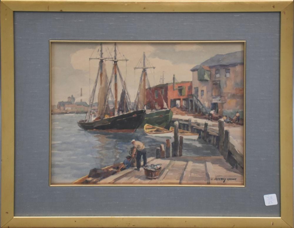 J. Jeffrey Grant comparable auction result: j jeffrey grant american 1883 1960 new england harbor scene watercolor on paper framed and under glass signed lower right hand corner by the artist 21 h x 23 5 w inches