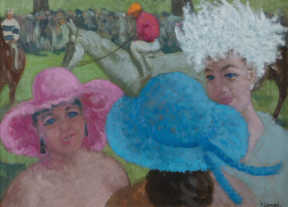 Patrick Leonard comparable auction result: patrick leonard 1918 2005 ladies day the curragh oil on board 28 5 x 39cm 11 x 15 signed