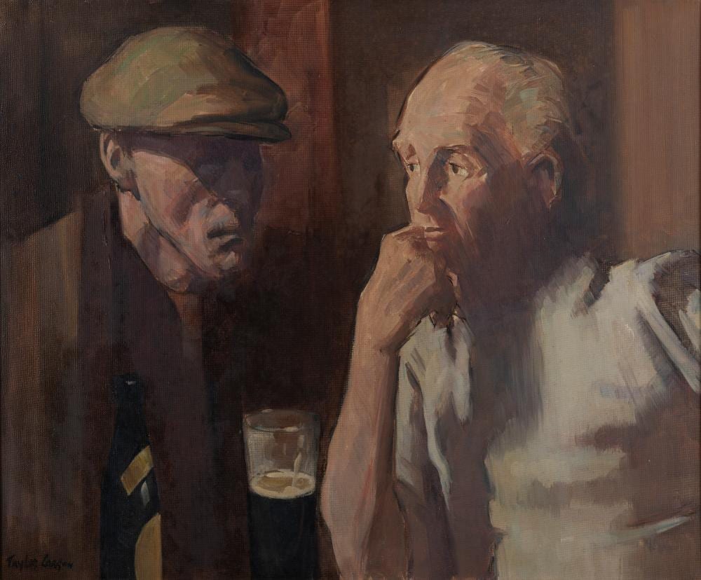 robert taylor carson 1919 2008 the deal over a bottle of stout oil on canvas 49 5 x 59 5cm 19 x 24 signed inscribed and dated 78 verso · Adam's · 2022-09-28 Robert Taylor Carson comparable auction result: robert taylor carson 1919 2008 the deal over a bottle of stout oil on canvas 49 5 x 59 5cm 19 x 24 signed inscribed and dated 78 verso