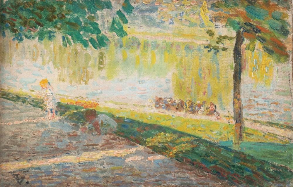 Ludovic Vallée comparable auction result: ludovic vall e 1864 1939 in the park 1935 oil on canvas on board 15 8 x 23 2 cm