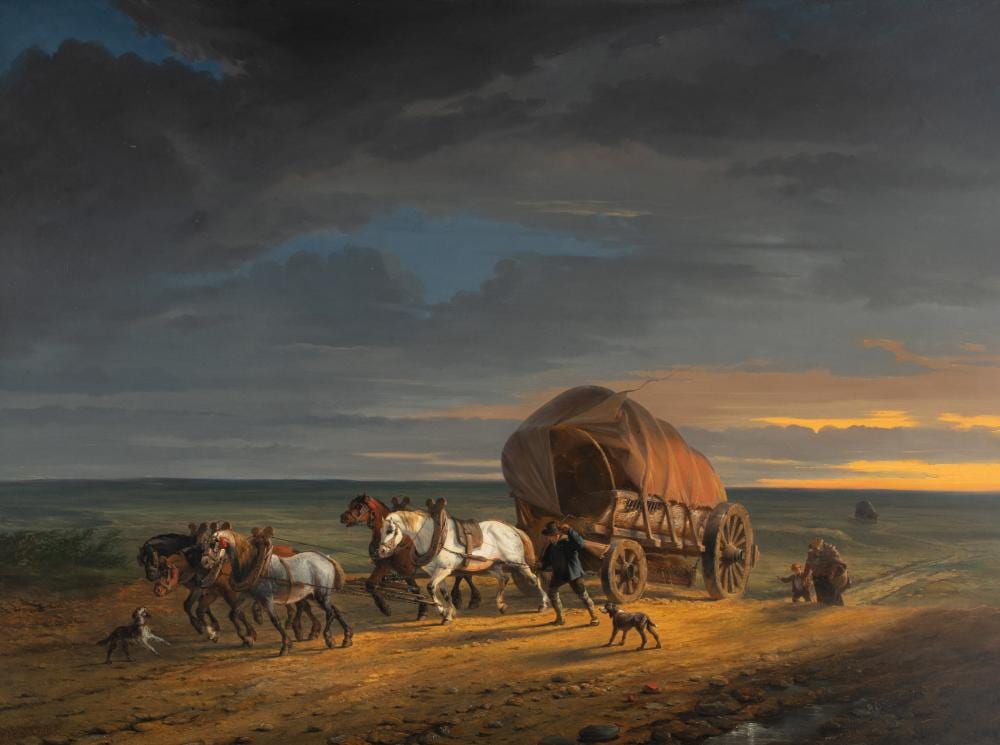 Paul Vander Vin comparable auction result: paul van der vin 1823 1887 an overloaded four in hand carriage 1850 oil on mahogany 77 x 105 cm