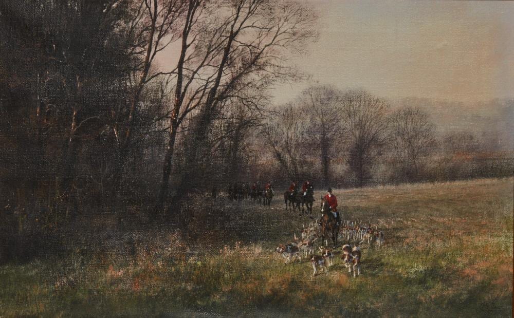 Clive Madgwick (British, 1934-2005), Huntsmen and hounds in a wooded landscape, oil on canvas, 14 x 22in (36x 56cm) sold by Andrew Jones Auctions, lot 203 — auction record photograph