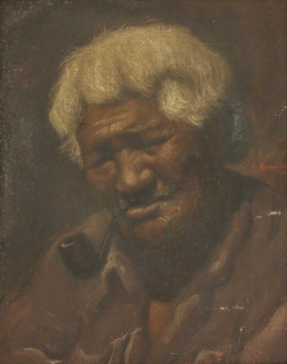 Close-up painting of an elderly man with white hair, wearing glasses and a dark suit, shown from the chest up.