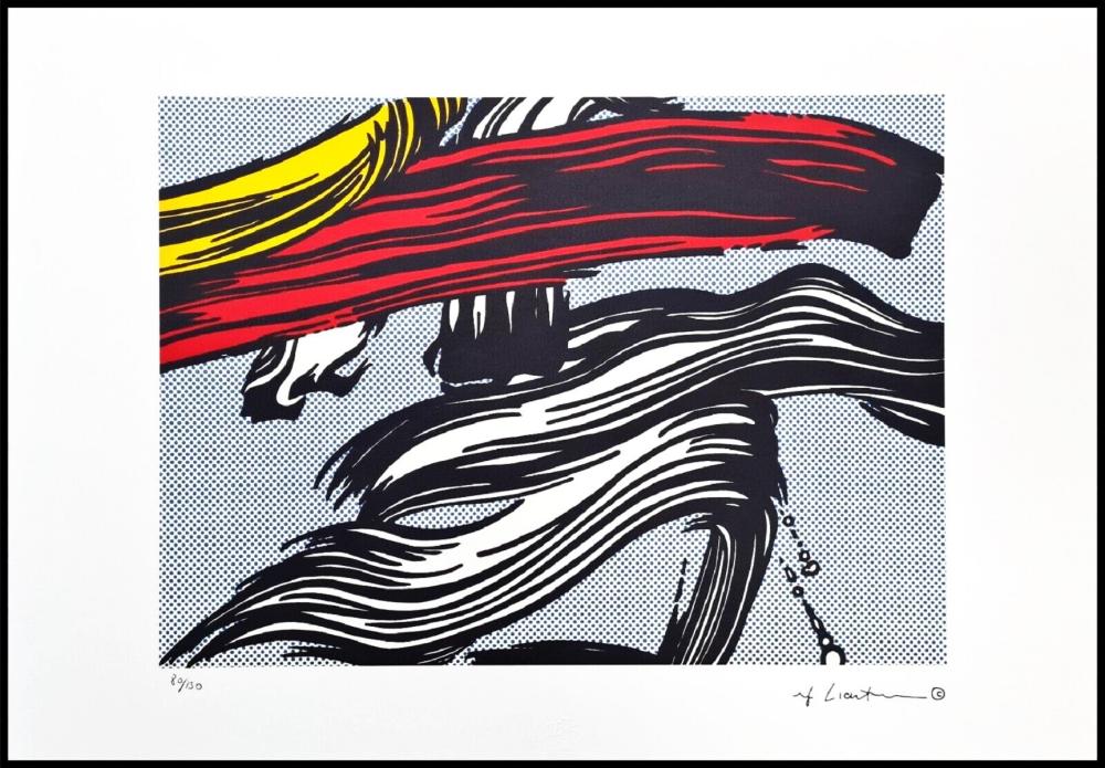 Color pop-art style lithograph print with bold black, red, and yellow swirls and curved lines on a light background.