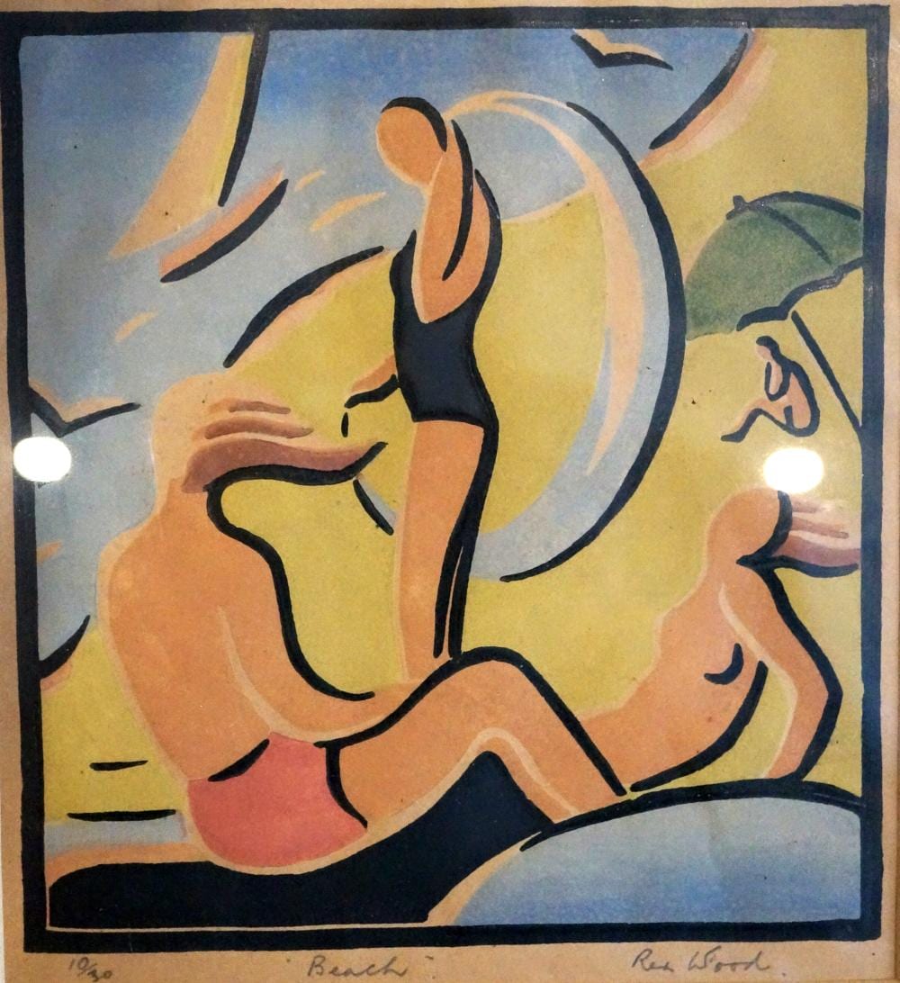 rex wood thomas percy reginald 1908 19790 linocut beach image 18 5cm x 20cm · Woodlands Auctions · 2022-09-18 Rex Wood comparable auction result: rex wood thomas percy reginald 1908 19790 linocut beach image 18 5cm x 20cm