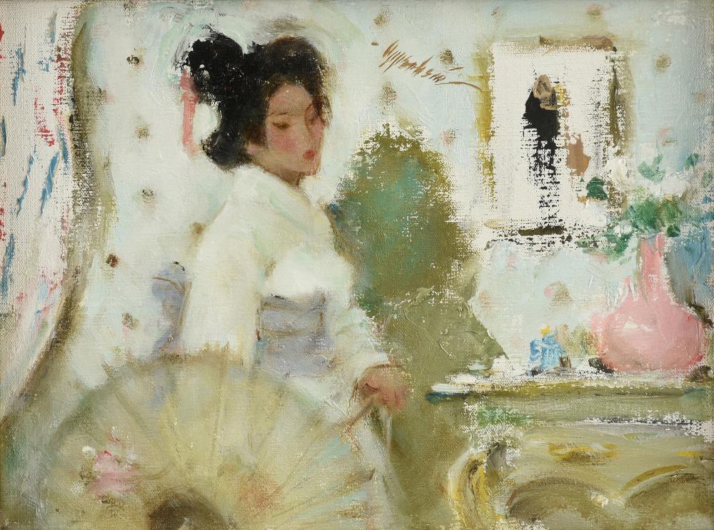 Auction comp thumbnail for SAMUEL EDMUND OPPENHEIM (American 1901-1992) A PAINTING, "Geisha Portrait with Pink Vase," 1990s, (Simpson Galleries, LLC, Lot 46)