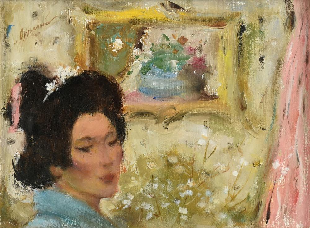 Auction comp thumbnail for SAMUEL EDMUND OPPENHEIM (American 1901-1992) A PAINTING, "Geisha Portrait with Blue Vase," 1990s, (Simpson Galleries, LLC, Lot 48)