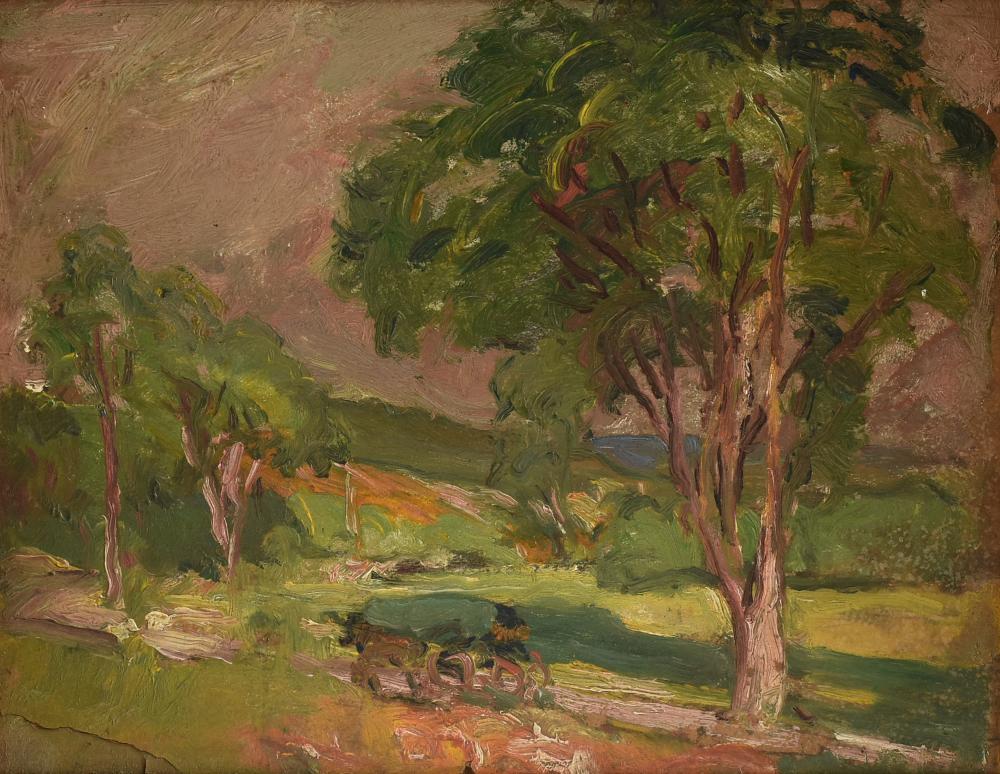 robert henry logan american 1875 1942 a two sided painting horse cart in landscape and railroad and building in landscape · Simpson Galleries, LLC · 2022-10-01 Robert Henry Logan comparable auction result: robert henry logan american 1875 1942 a two sided painting horse cart in landscape and railroad and building in landscape