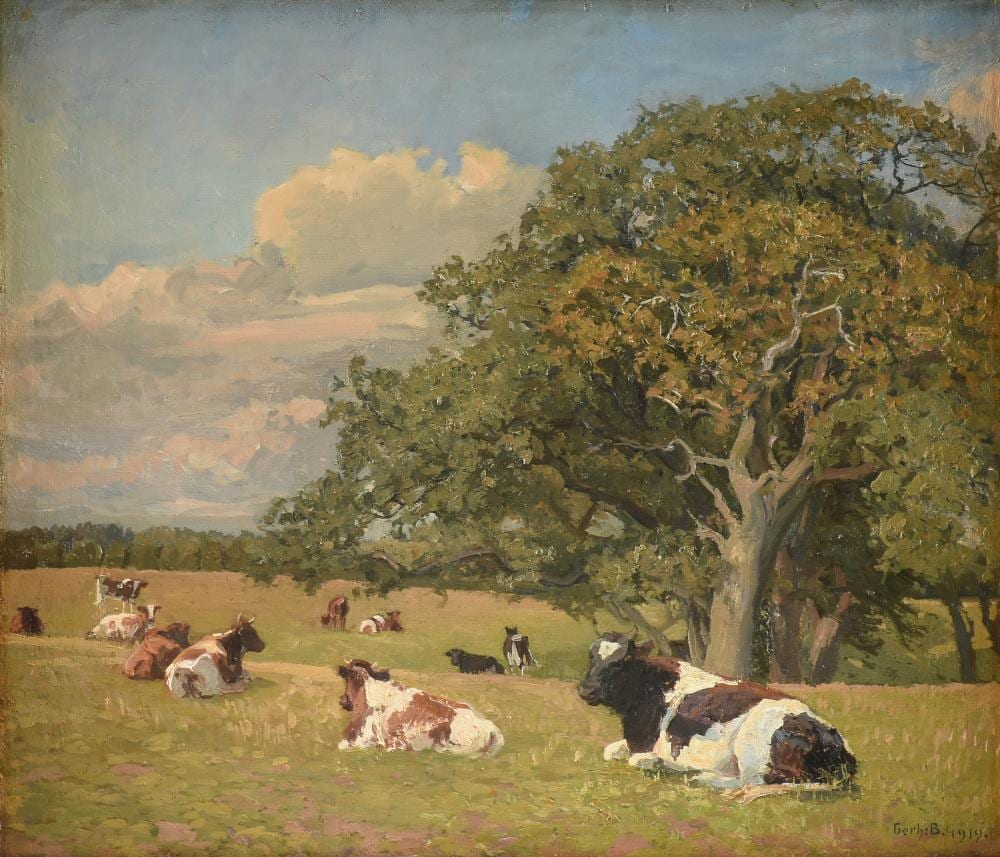 GERHARD BLOM (Danish 1866-1930) A PAINTING, "Friesian Cows in Pasture," 1919, sold by Simpson Galleries, LLC, lot 256 — auction record photograph