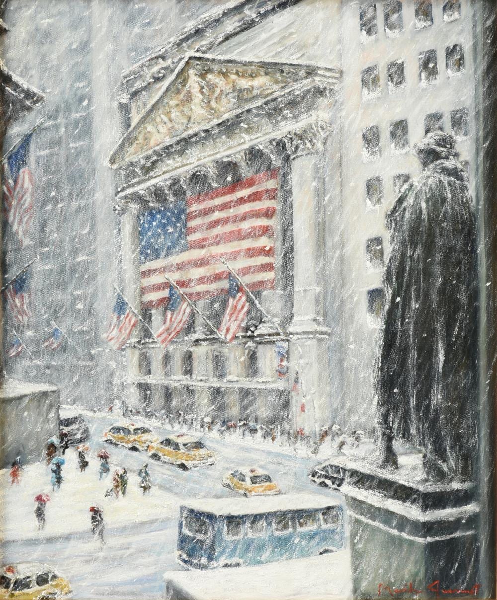 Marilyn Guerinot comparable auction result: marilyn guerinot american texas b 1947 a painting new york stock exchange with flags 21st century