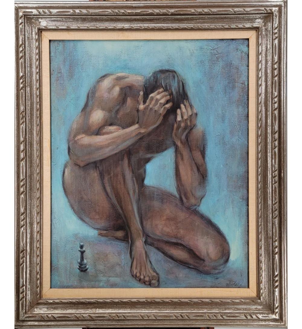 Framed painting of two nude figures crouching together against a blue background, with a chess pawn at lower left.