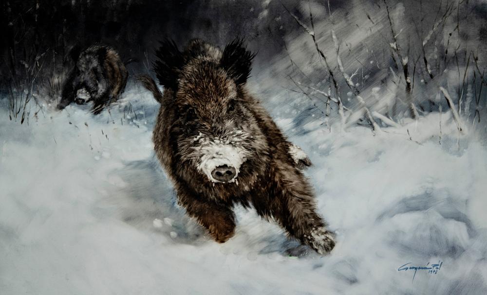 Csergezán Pál (1924 - 1996): Running Wild Boars, 1972 comparable sale