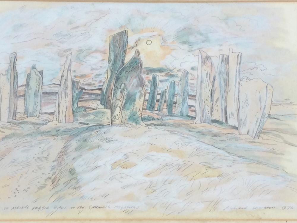 Richard Demarco comparable auction result: richard demarco pen and watercolour landscape with stone circle titled the road to meikle leggie