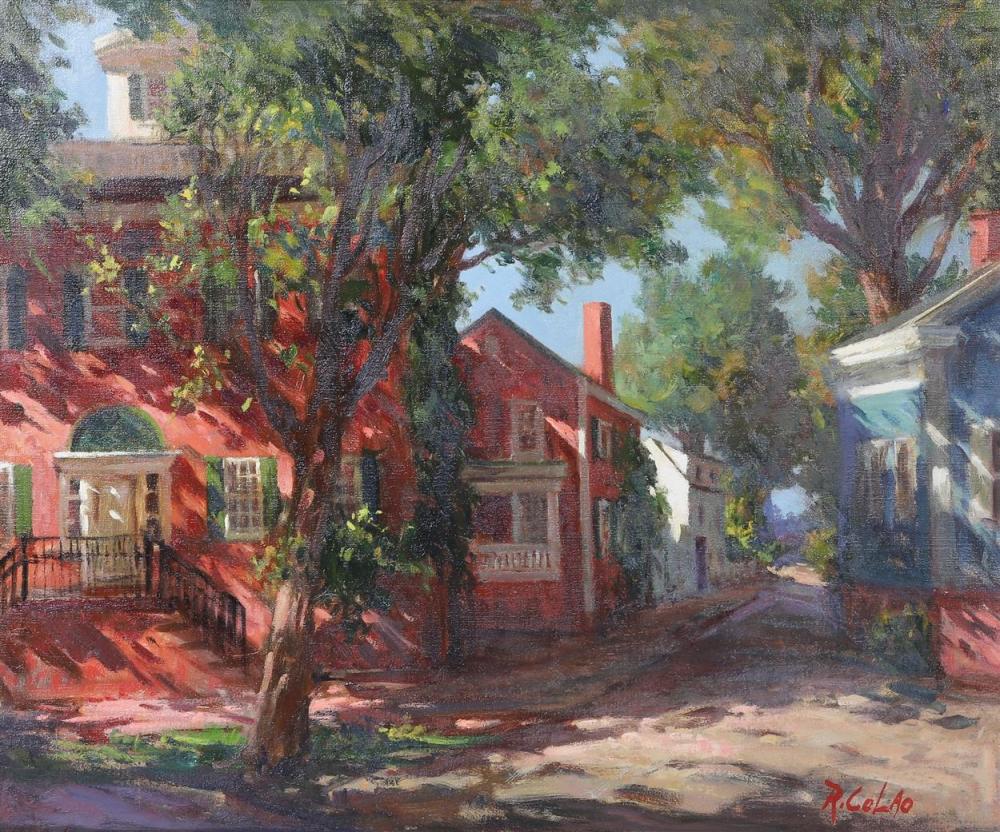 Colorful street scene painting with red houses and trees, viewed along a narrow road under dappled light.