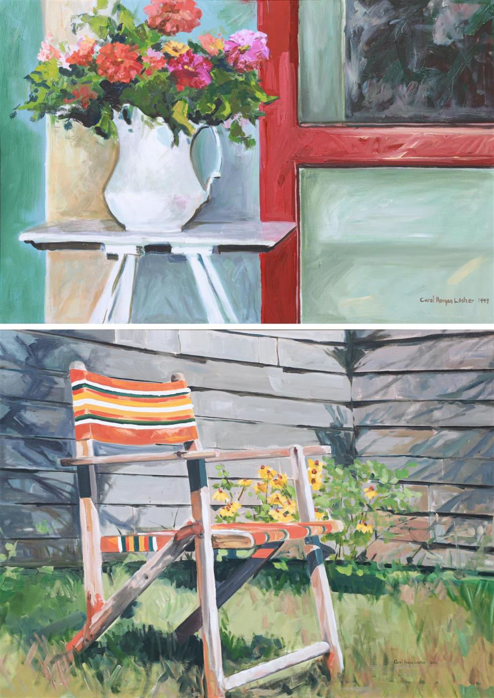 carol horgan lesher american b 1962 pa artist 2 paintings still life and garden chair oil on canvas signed carol horgan leshe · William Bunch Auctions & Appraisals · 2022-10-10 Carol Horgan Lesher comparable auction result: carol horgan lesher american b 1962 pa artist 2 paintings still life and garden chair oil on canvas signed carol horgan leshe