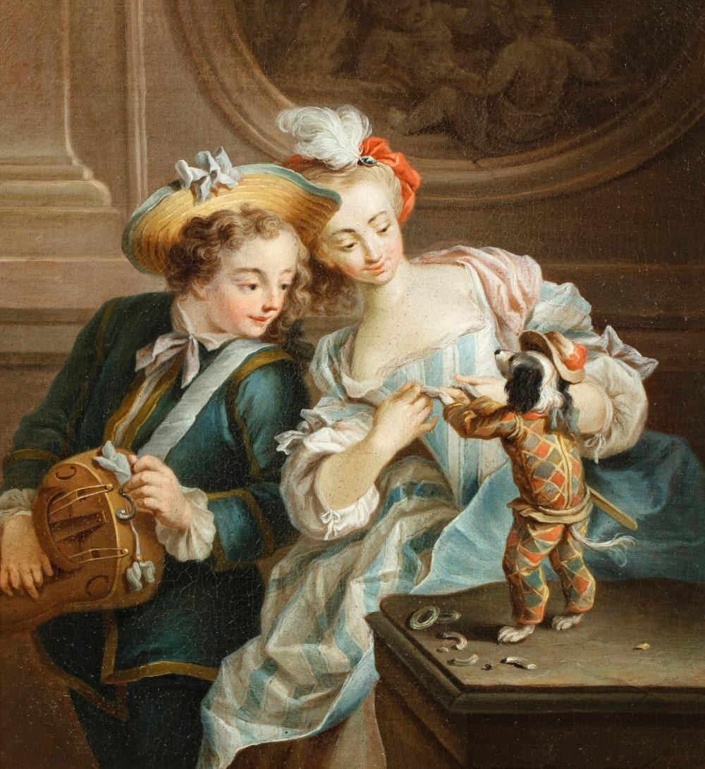 Jean-Baptiste (1728) Charpentier comparable auction result: a young boy and girl dressing up a small dog