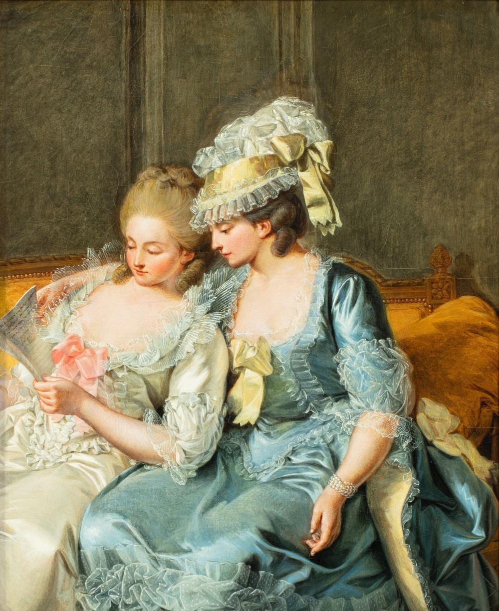 two young women reading a letter · Sotheby's · 2022-10-13 Pierre Alexandre Wille comparable auction result: two young women reading a letter