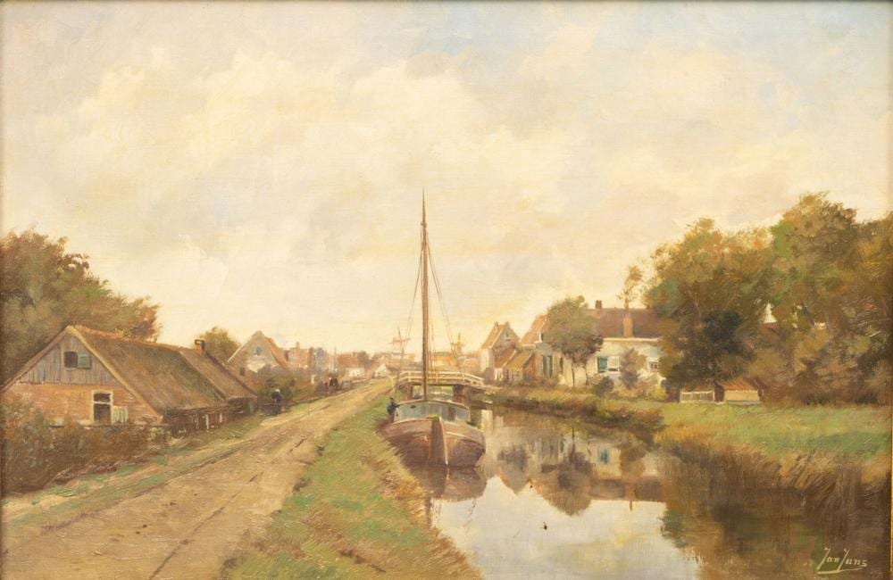 Jan Jans comparable auction result: jan jans 1893 1963 landweggetje aan vaart met schip en huizen